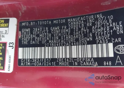 2010 Toyota Corolla S from USA, damaged, VIN 2T1BU4EE2AC446070